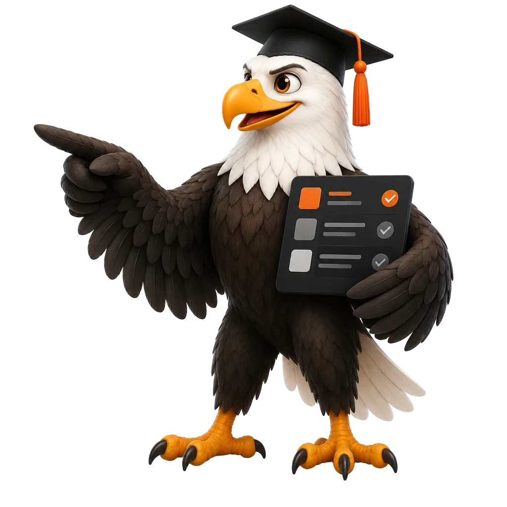 GetMYpanel eagle wearing a graduation cap and presenting a comparison card